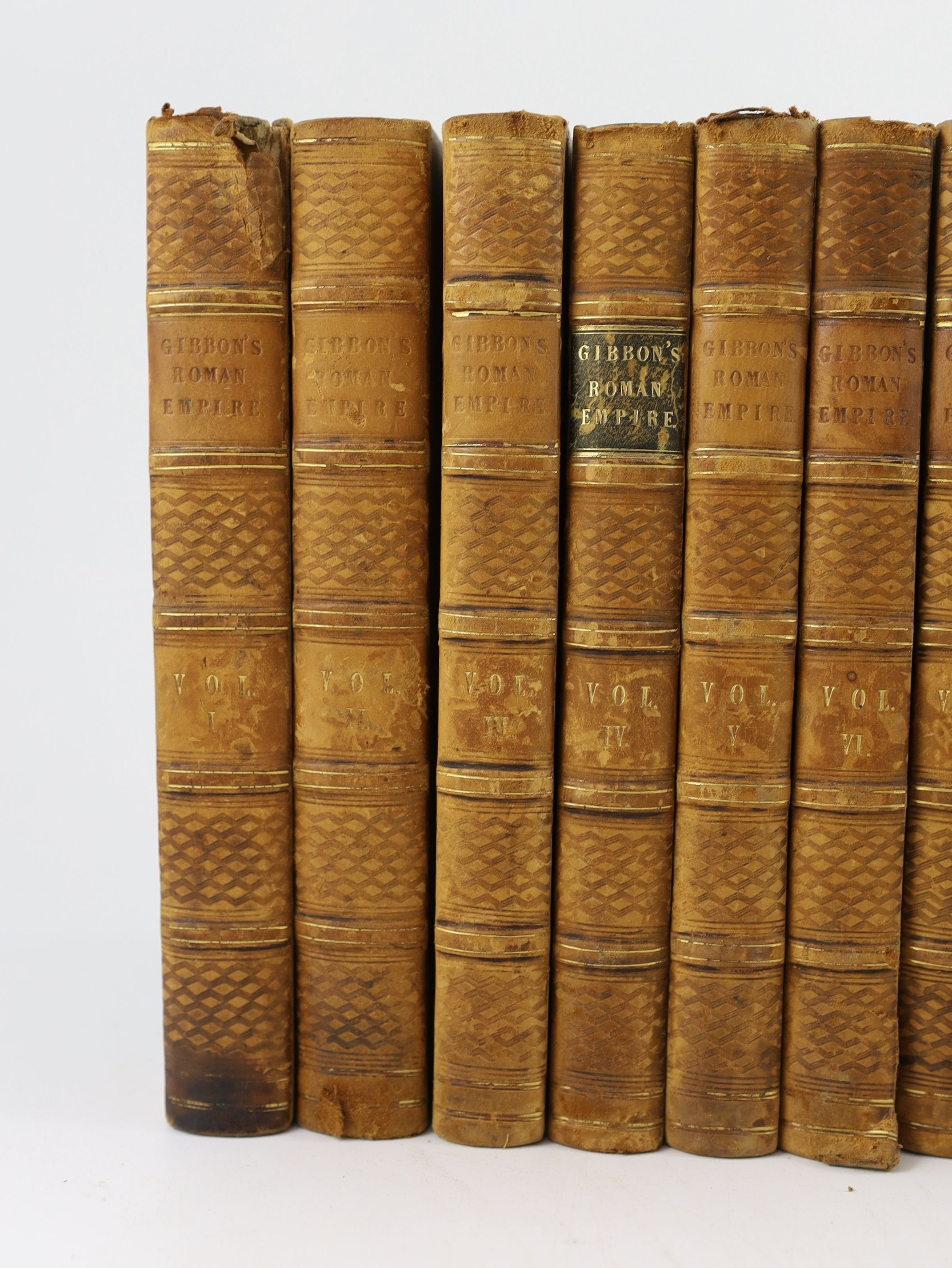 Gibbon, Edward - The History of the Decline and Fall of the Roman Empire, 12 vols, 8vo, half calf, with portrait frontispiece and 2 folding maps, frontis and titles browned, maps spotted, lacking most titling labels, Lon